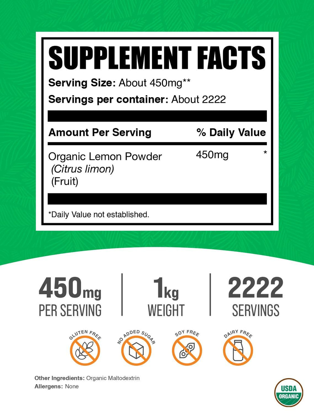 Organic Lemon Powder ingredient label highlighting vitamin C
