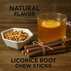 Organic licorice root chew sticks in resealable packaging