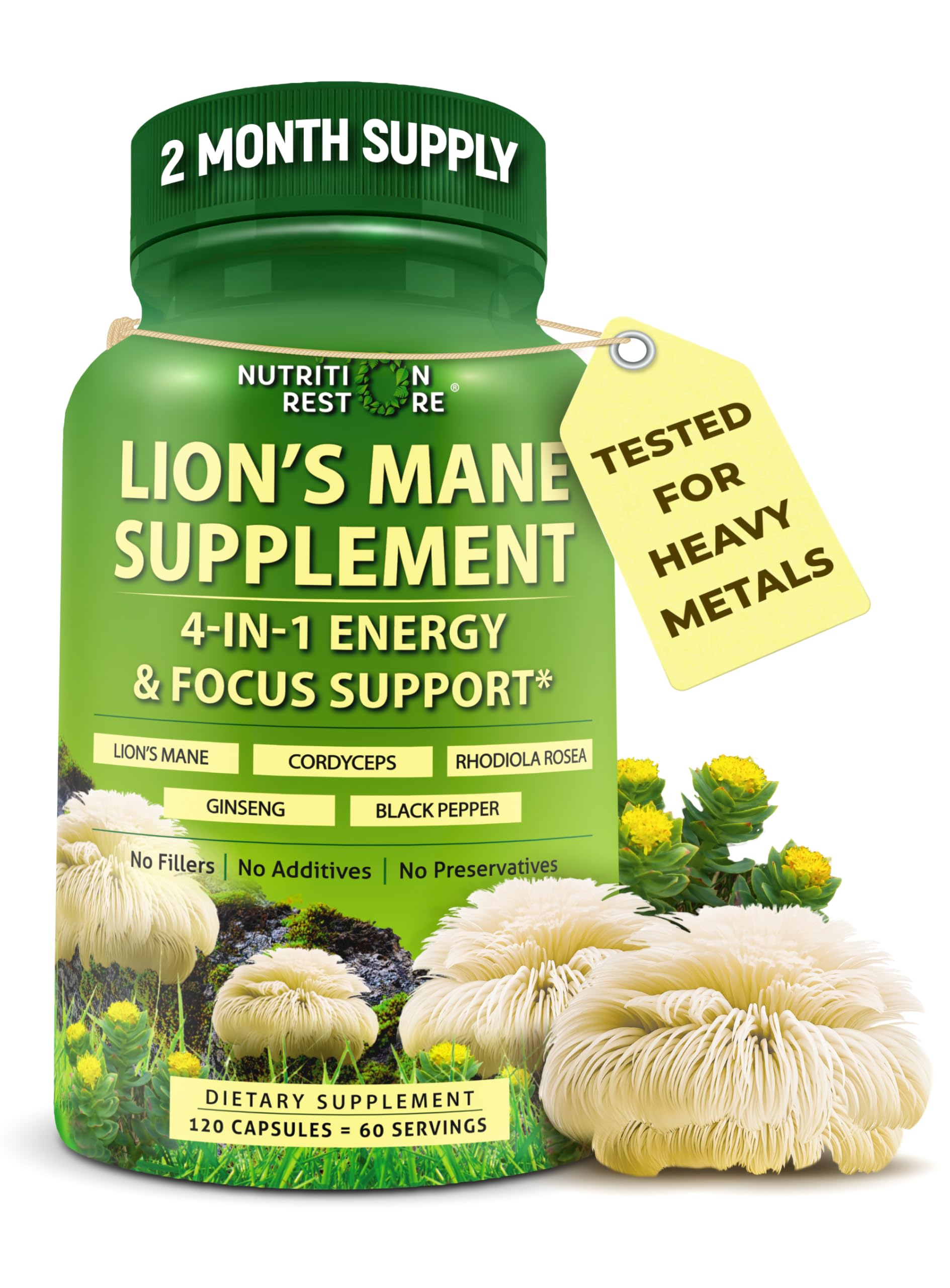 Front label of Organic Lion's Mane capsules, 120-count bottle