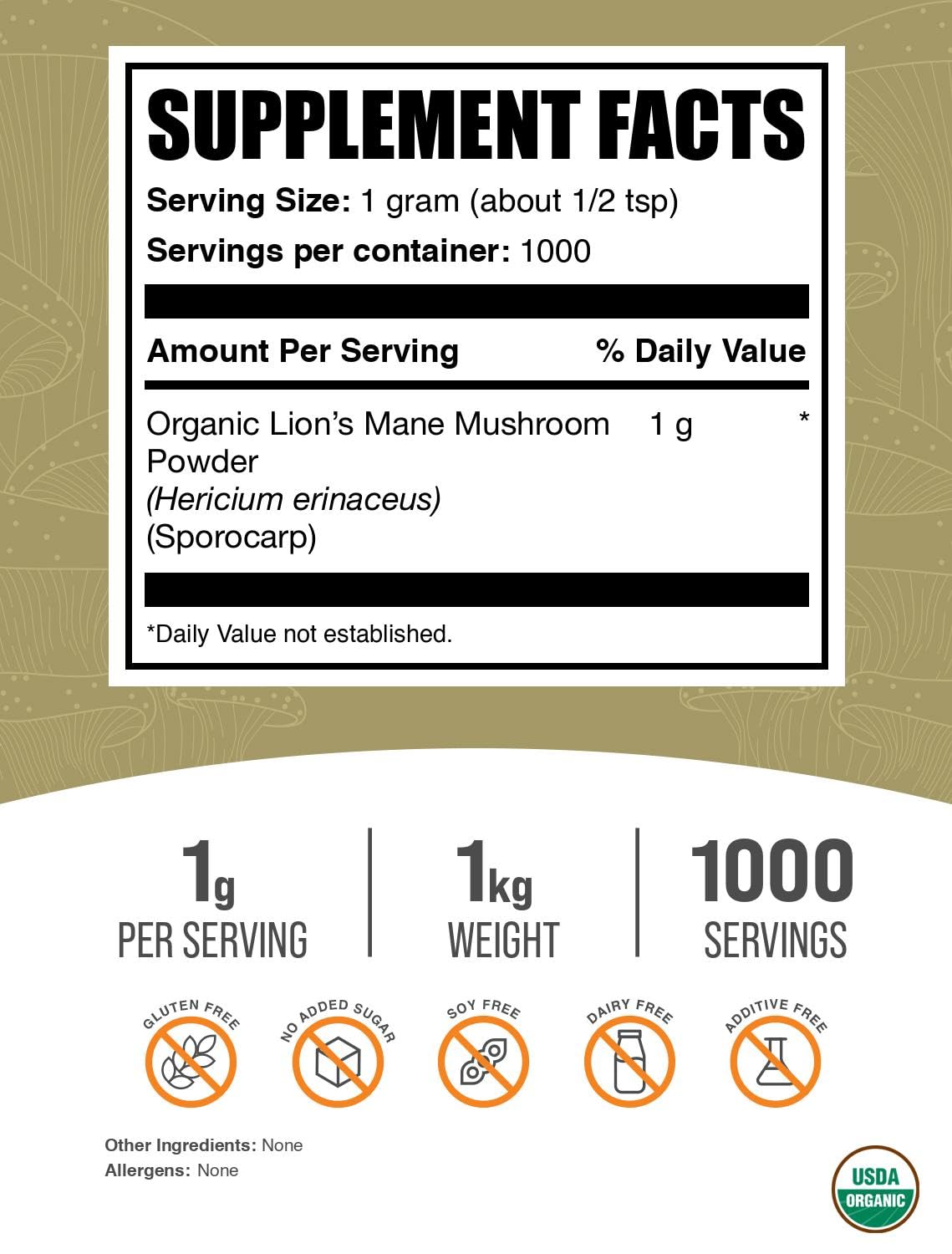 Organic Lions Mane powder vegan and gluten-free 1kg