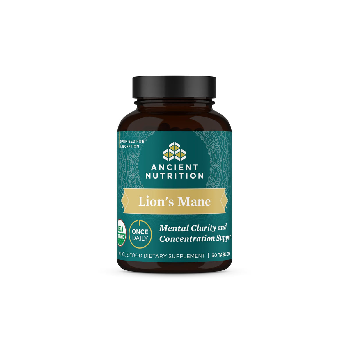 Organic Lion's Mane mushroom supplement bottle with 30 tablets