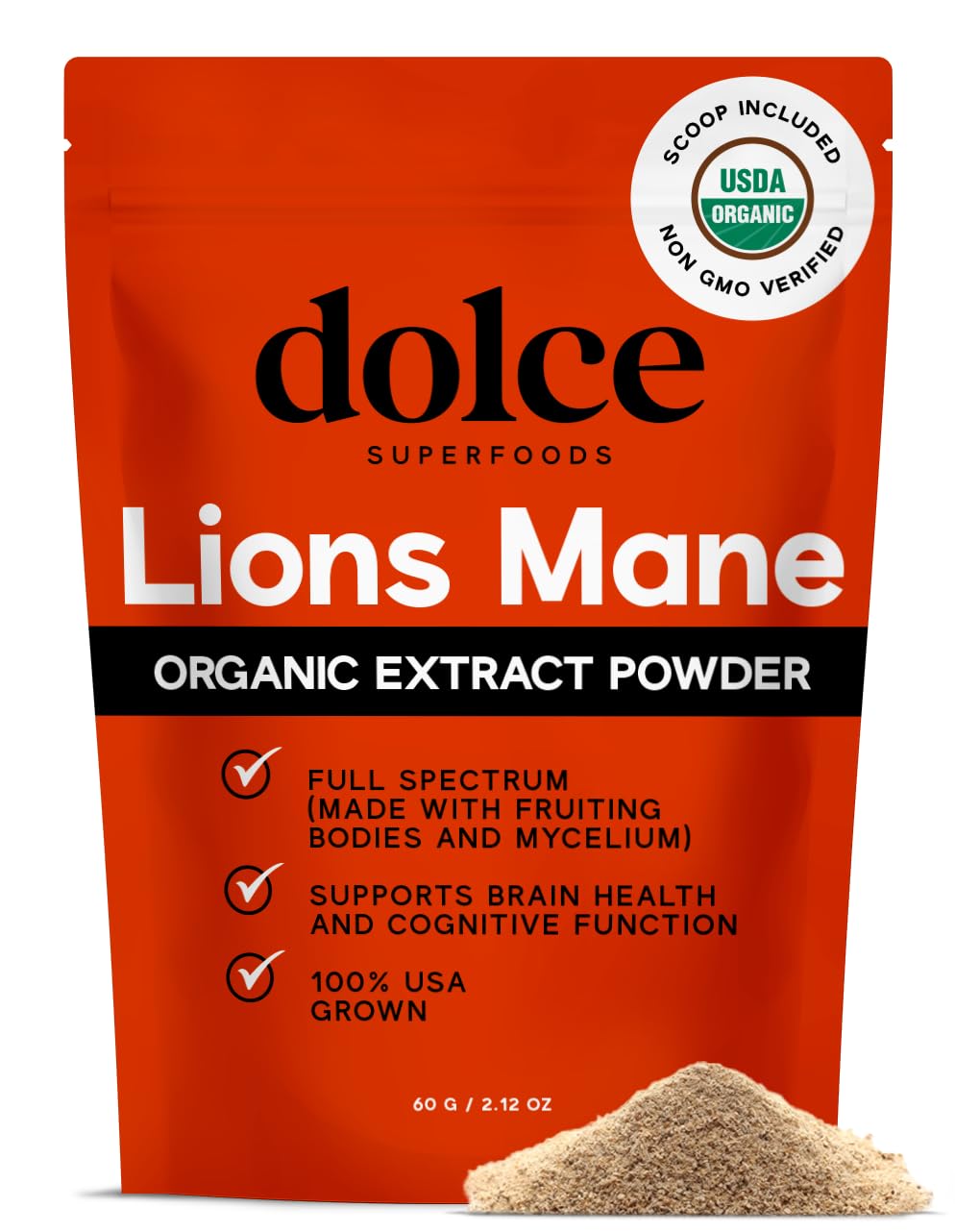 Front view of Dolce Superfoods Organic Lion's Mane Mushroom Extract Powder 2.12oz jar