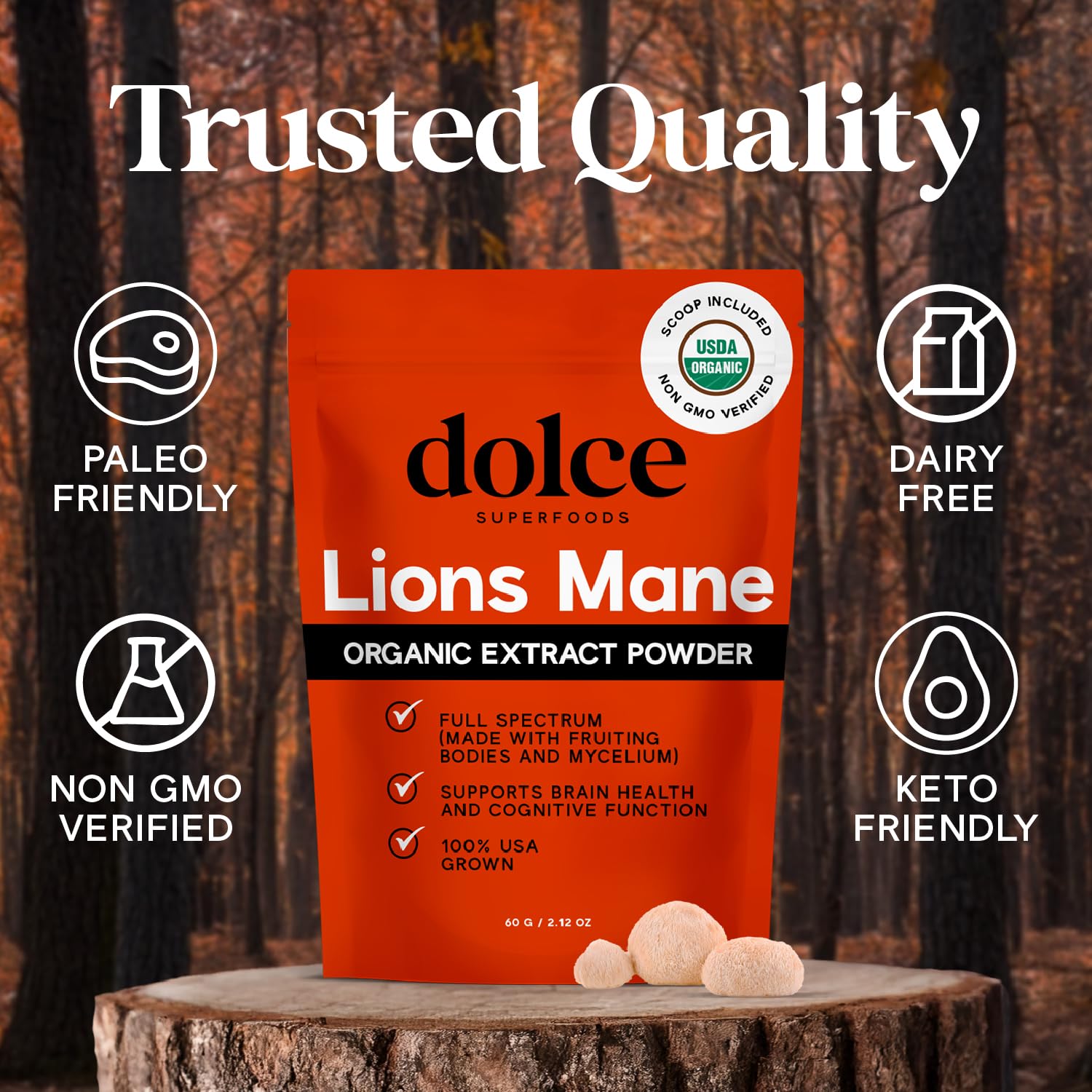 USDA Organic certification label on Lion's Mane powder packaging