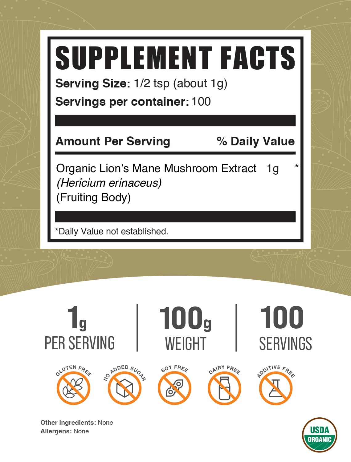 Organic Lion's Mane powder suitable for vegan and gluten-free diets