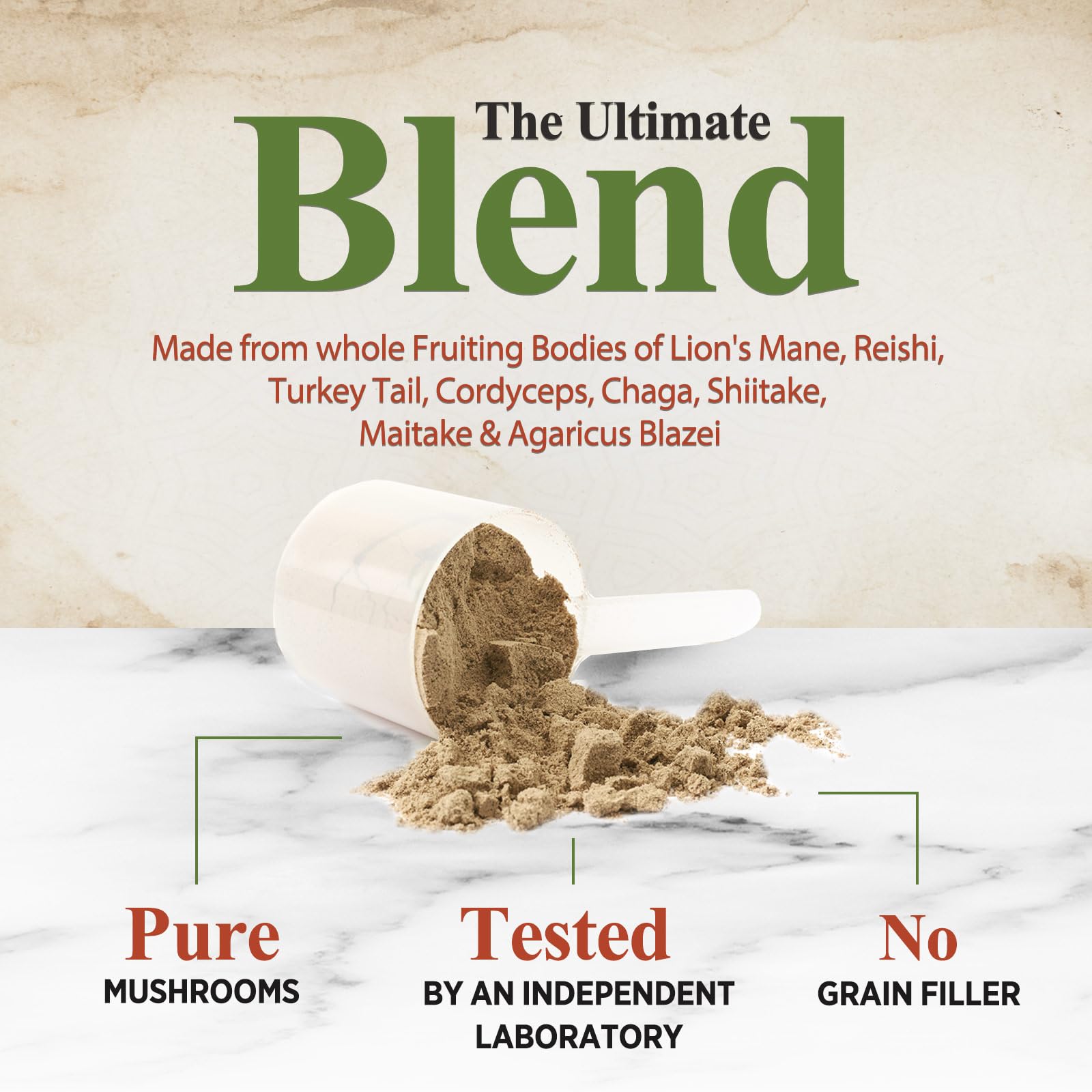 Nature's Nutrition mushroom blend featuring Lion's Mane, Reishi, Cordyceps, Chaga, Shiitake, Maitake and Turkey Tail