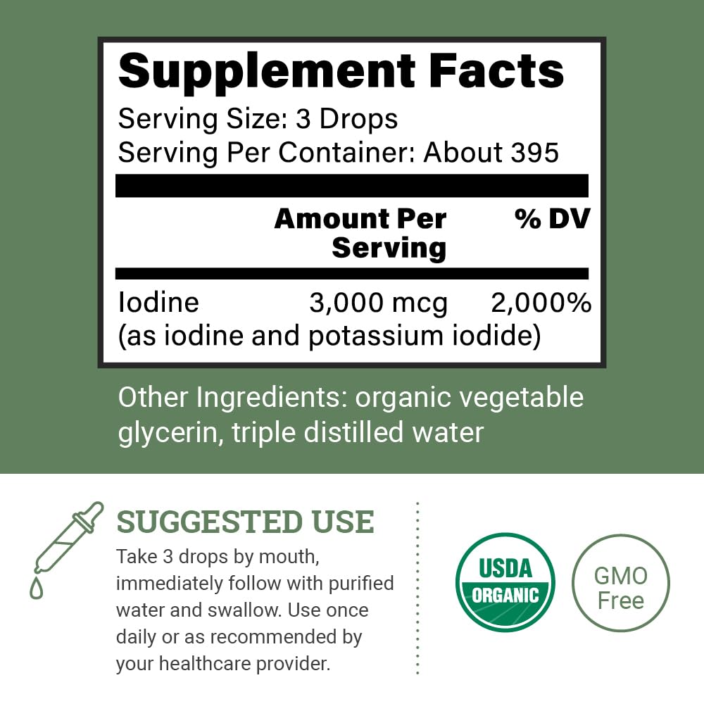 Back label showing ingredients and dosage for Lugol's Iodine 2% solution