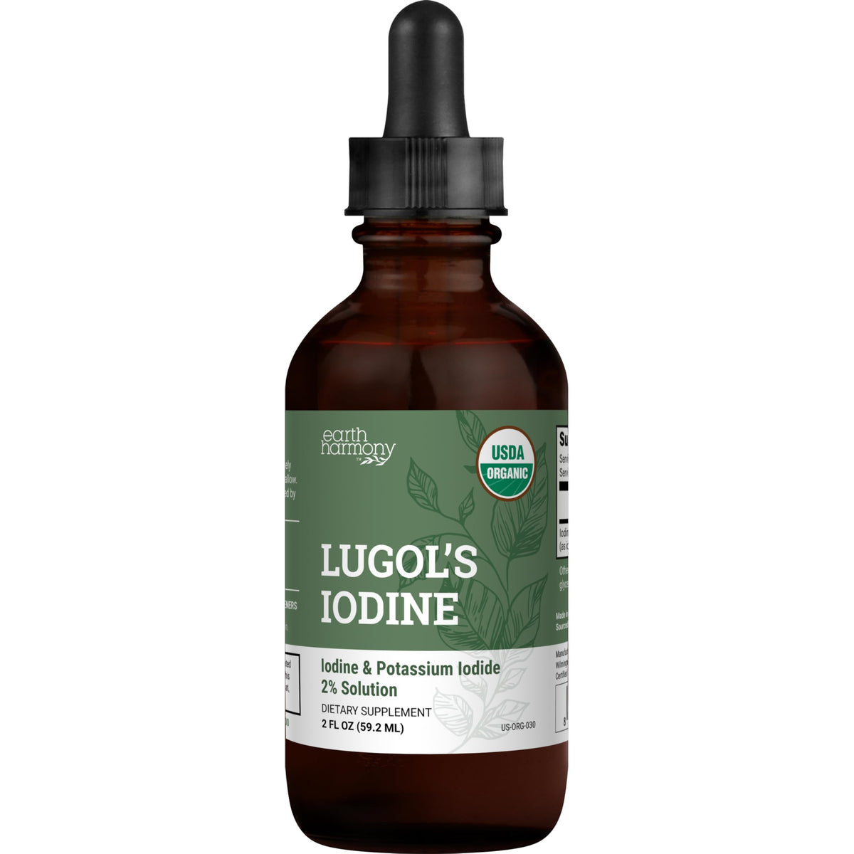 Front view of Organic Lugol's Iodine 2% solution bottle (2 oz)
