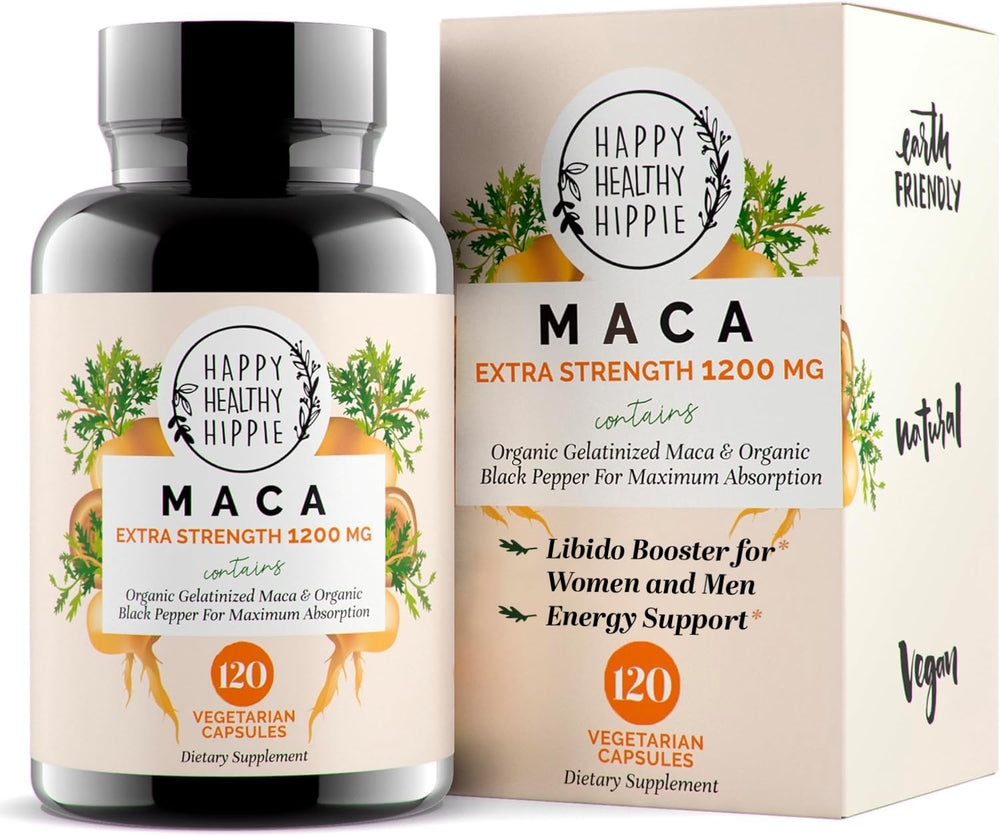 Organic maca root capsules 1200 mg bottle close-up