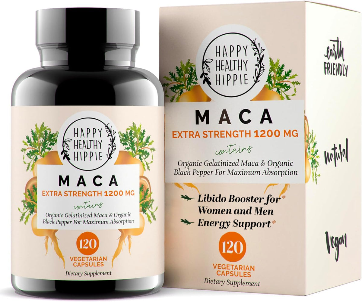 Organic maca root capsules 1200 mg bottle close-up