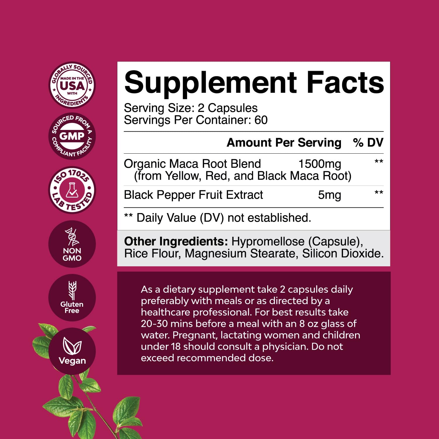 Close-up of maca root capsules