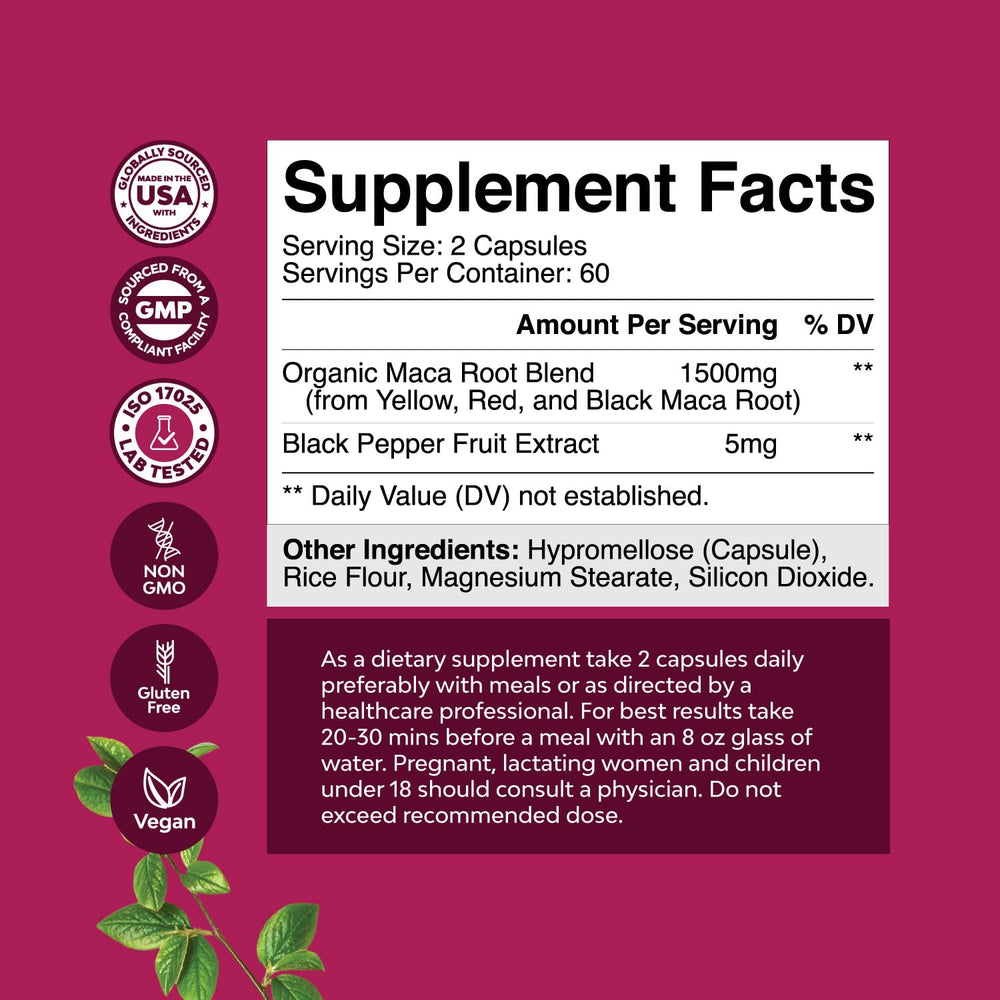 Close-up of maca root capsules