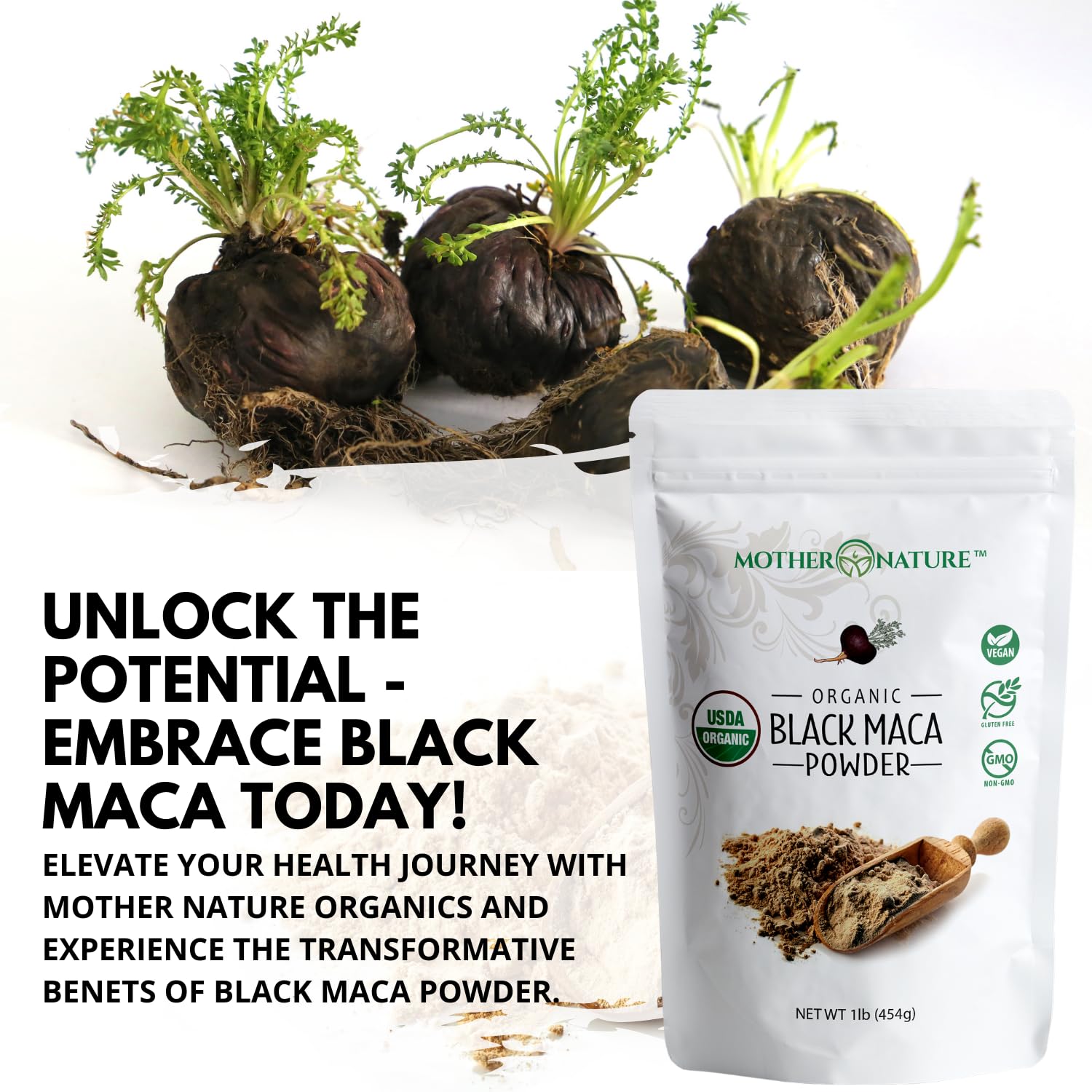 USDA Organic and Non-GMO labels on maca powder packaging