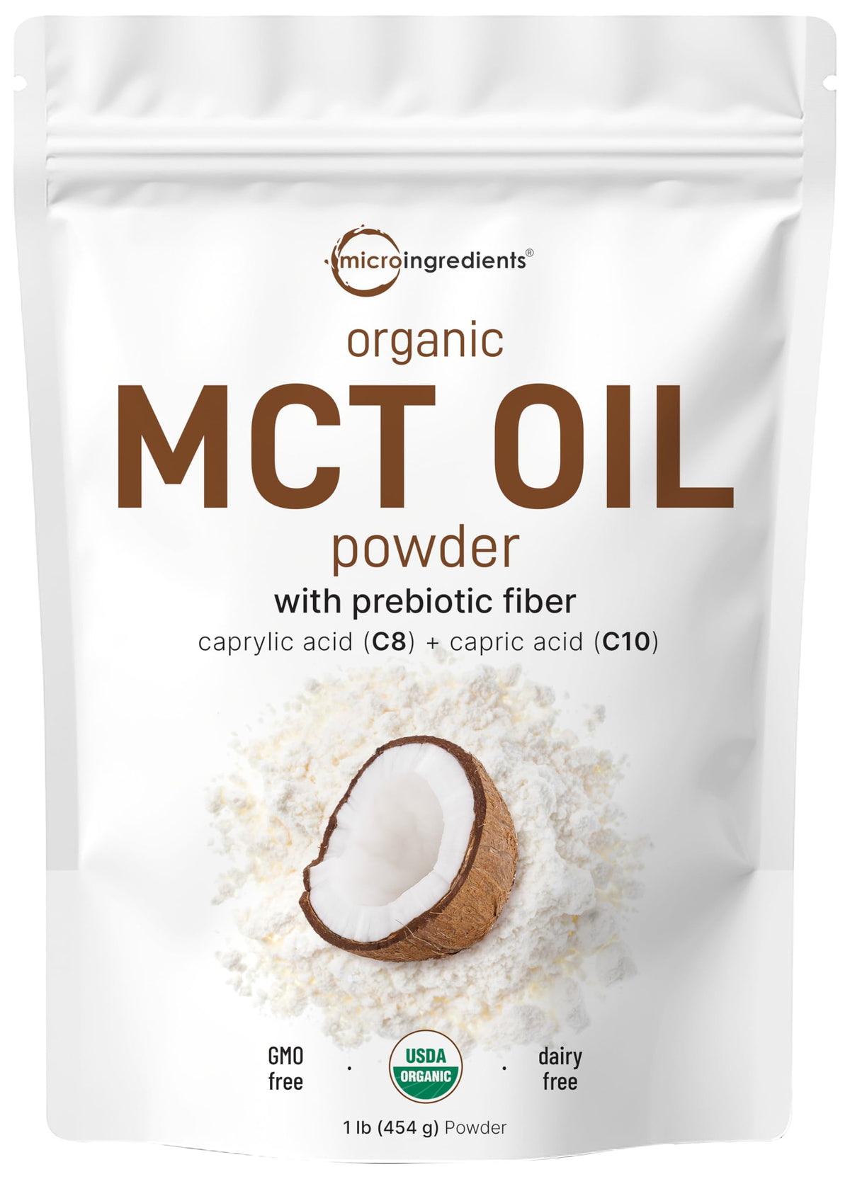 Organic MCT Oil Powder with Prebiotic Fiber in 1 lb package showing C8/C10 blend