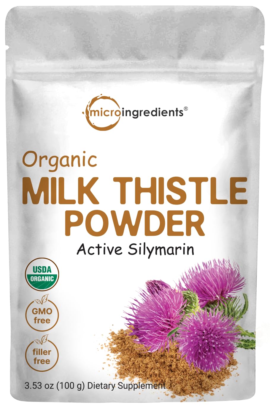 Close-up of Organic Milk Thistle Powder 100g pouch