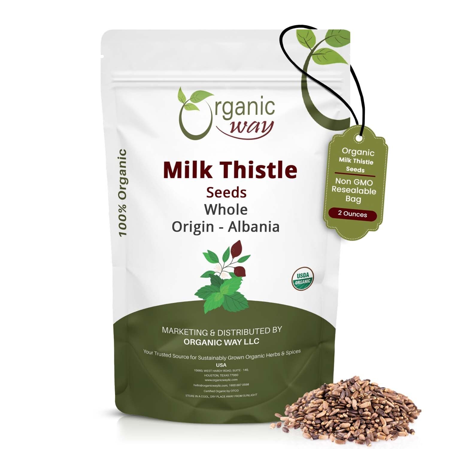 Organic whole milk thistle seeds in a resealable bag from Albania