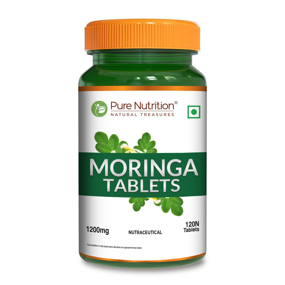 Front view of Pure Nutrition Organic Moringa 1200mg bottle containing 120 vegan tablets
