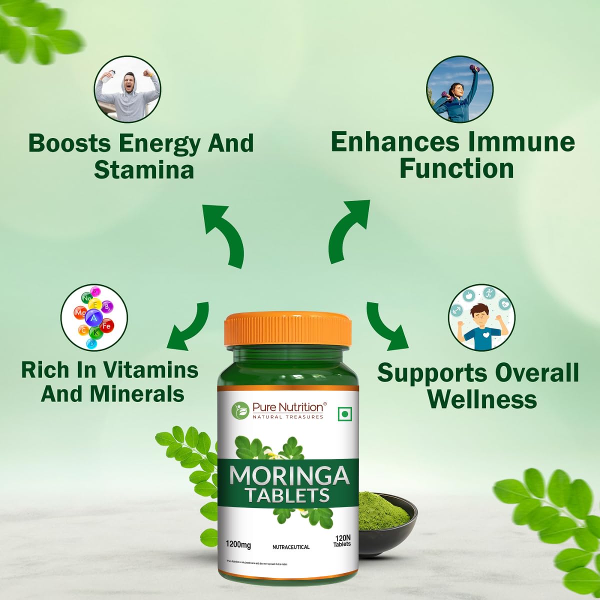 Side view of the bottle showing the Moringa Vital label