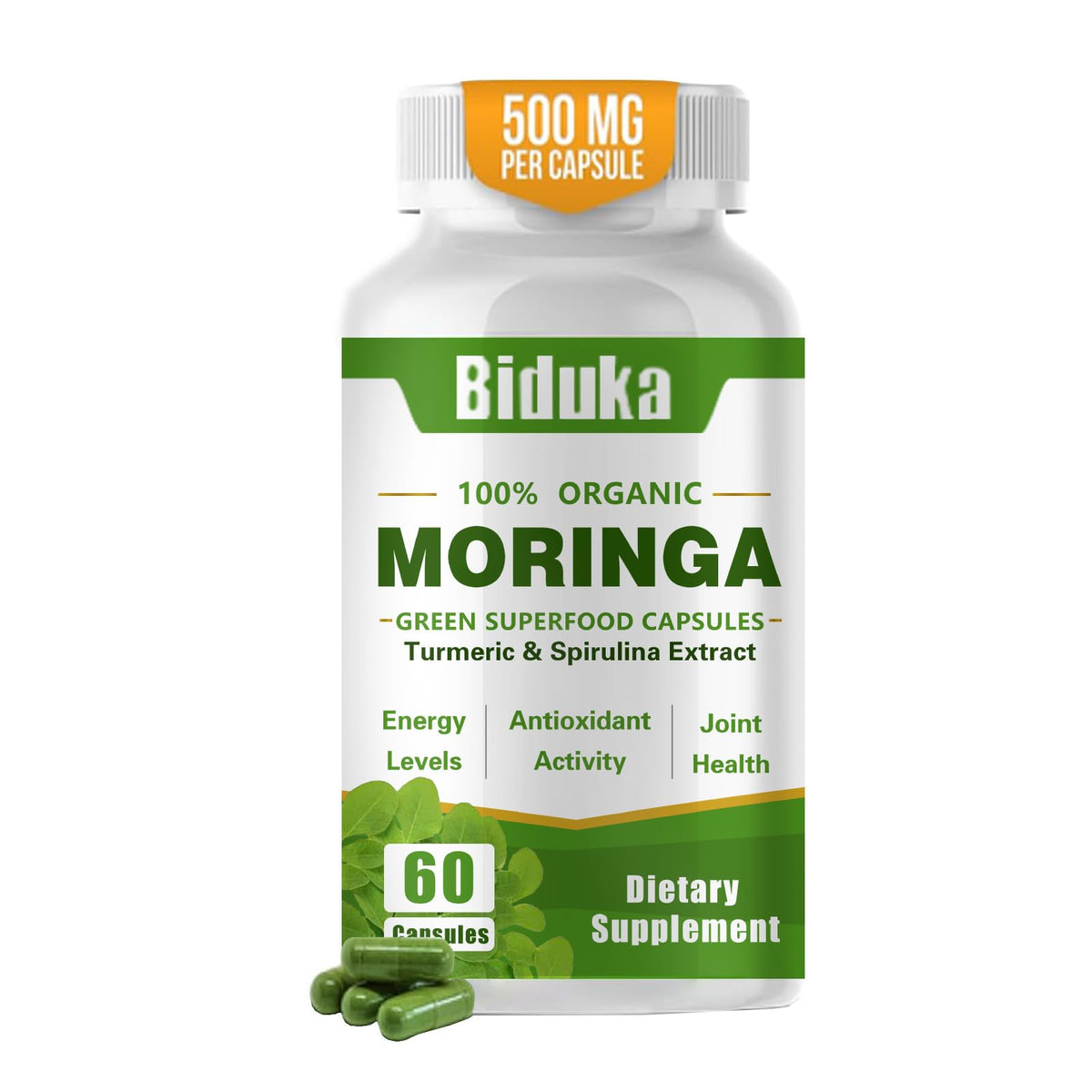 Front view of Organic Moringa Capsules 1000mg bottle