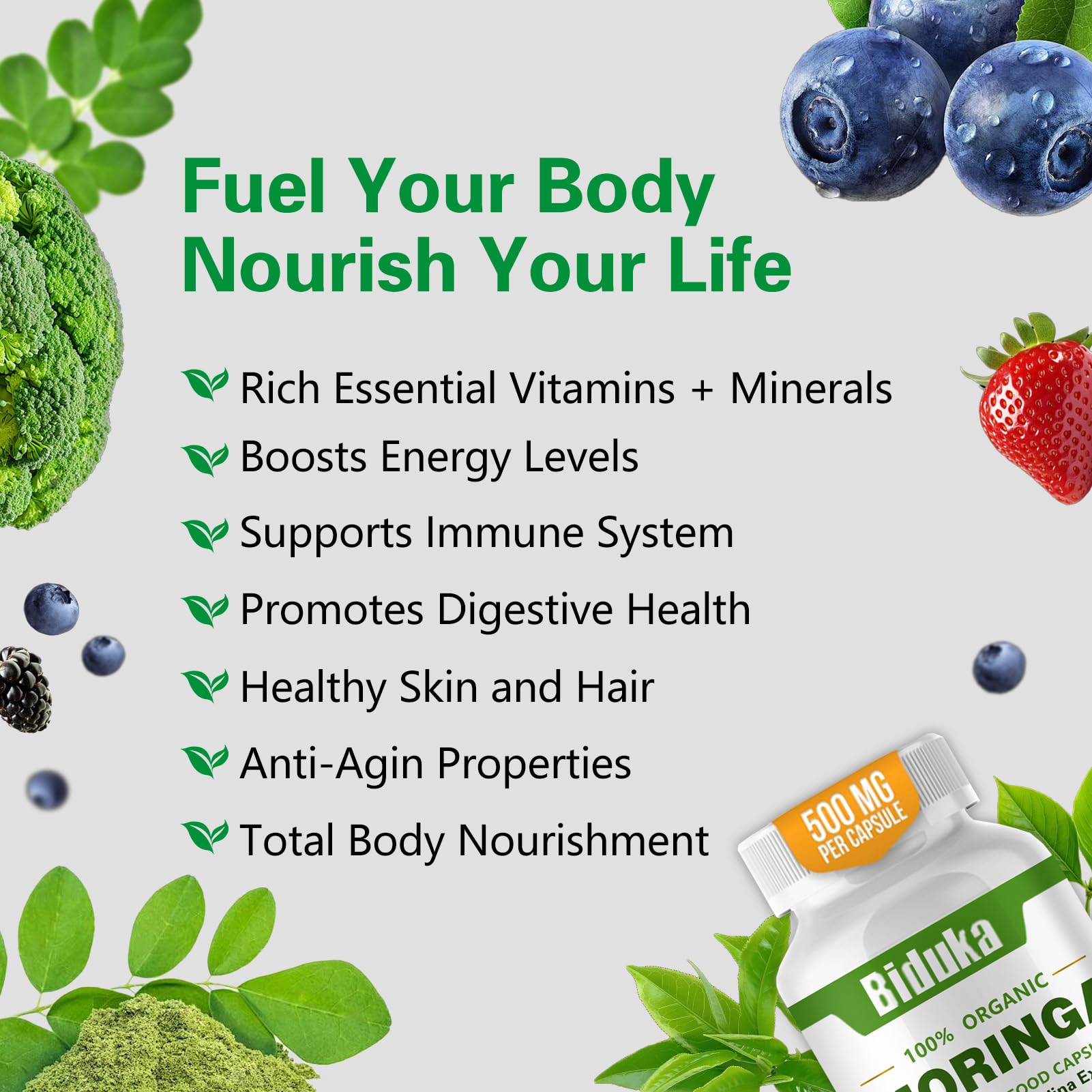 Moringa capsules packaging with label