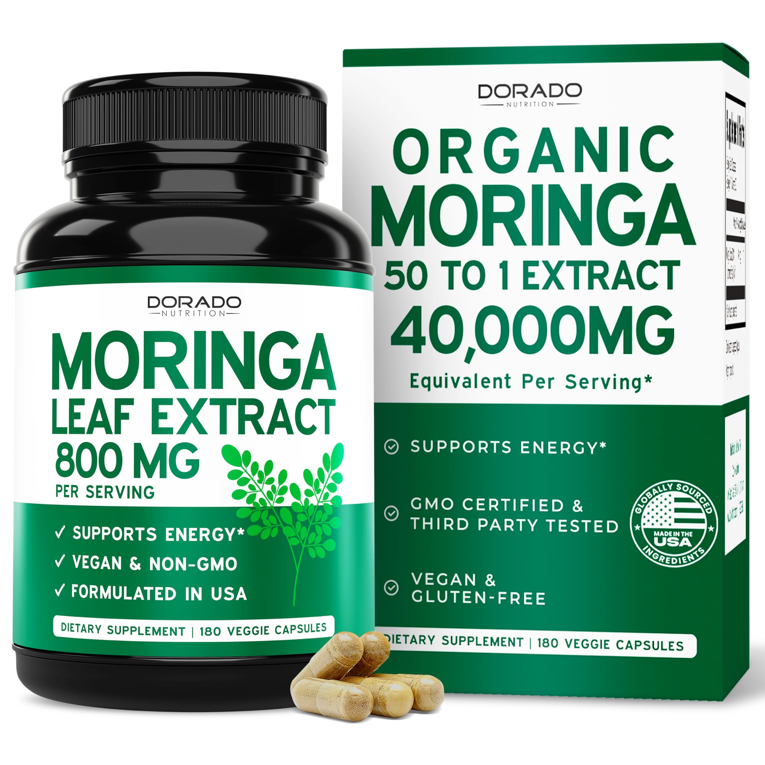 Organic Moringa Capsules with 800mg serving size, 50:1 extract, USA made