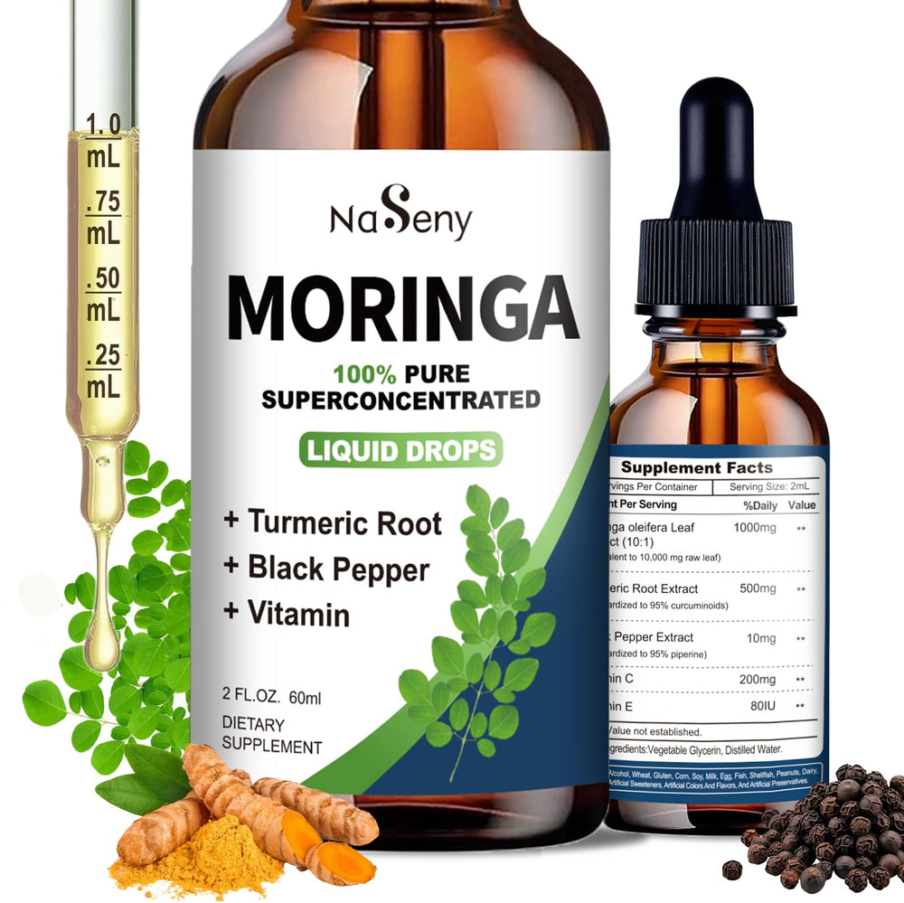 Bottle of Organic Moringa Oleifera Liquid Drops with 1000mg, Turmeric and Black Pepper