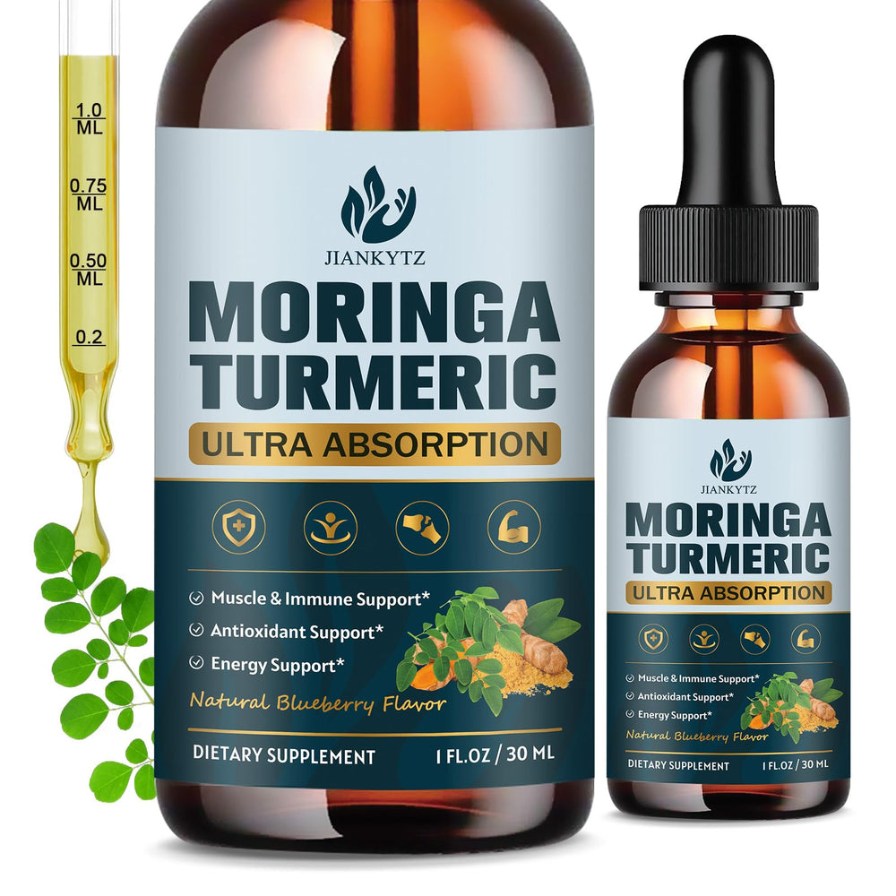 Two bottles of Organic Moringa Leaf Extract Liquid Drops, 1 oz each, in a 2-pack
