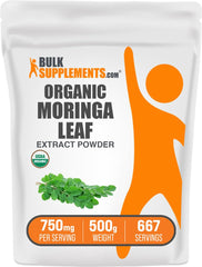 Organic Moringa Extract Powder in a 500g container labeled 750mg per serving