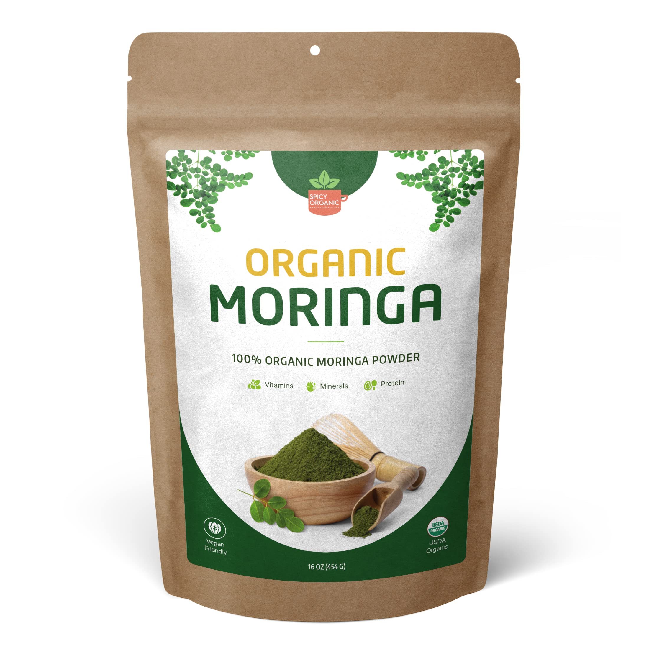 Front view of 16oz resealable pouch of Organic Moringa Leaf Powder