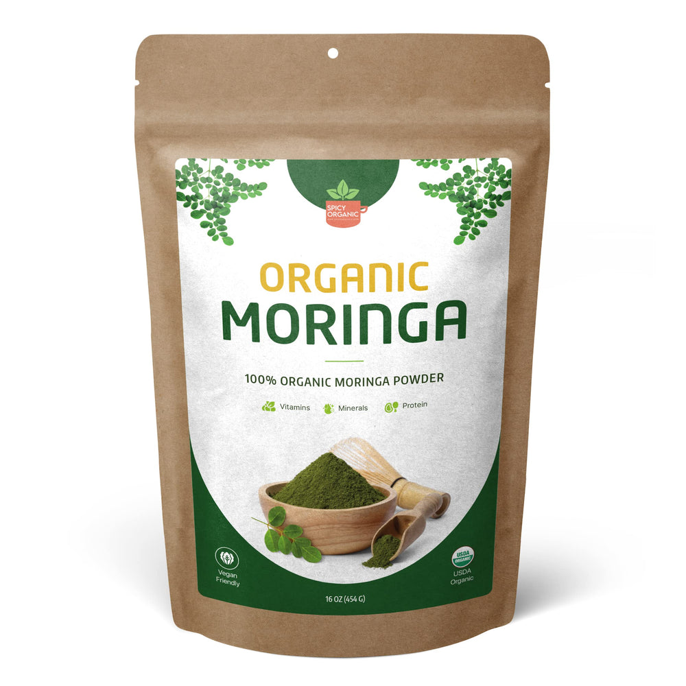 Front view of 16oz resealable pouch of Organic Moringa Leaf Powder