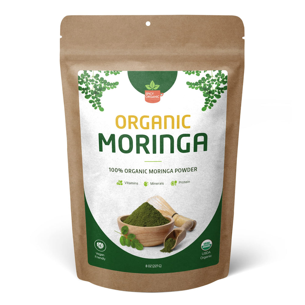 Front view of 8oz resealable pouch of Organic Moringa Leaf Powder