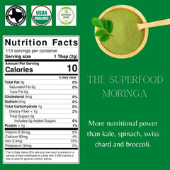 Close-up of resealable pouch showing green moringa powder