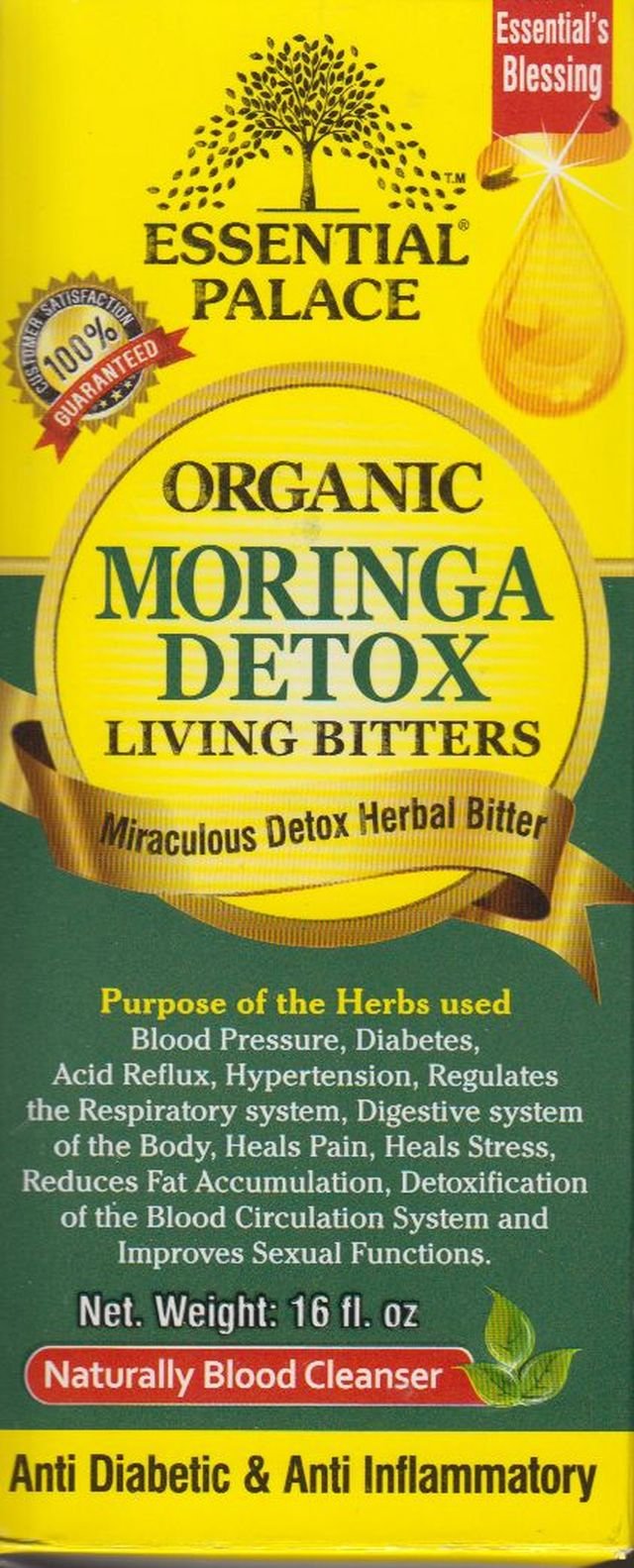 Organic Moringa Living Bitters bottle with moringa leaves and botanicals