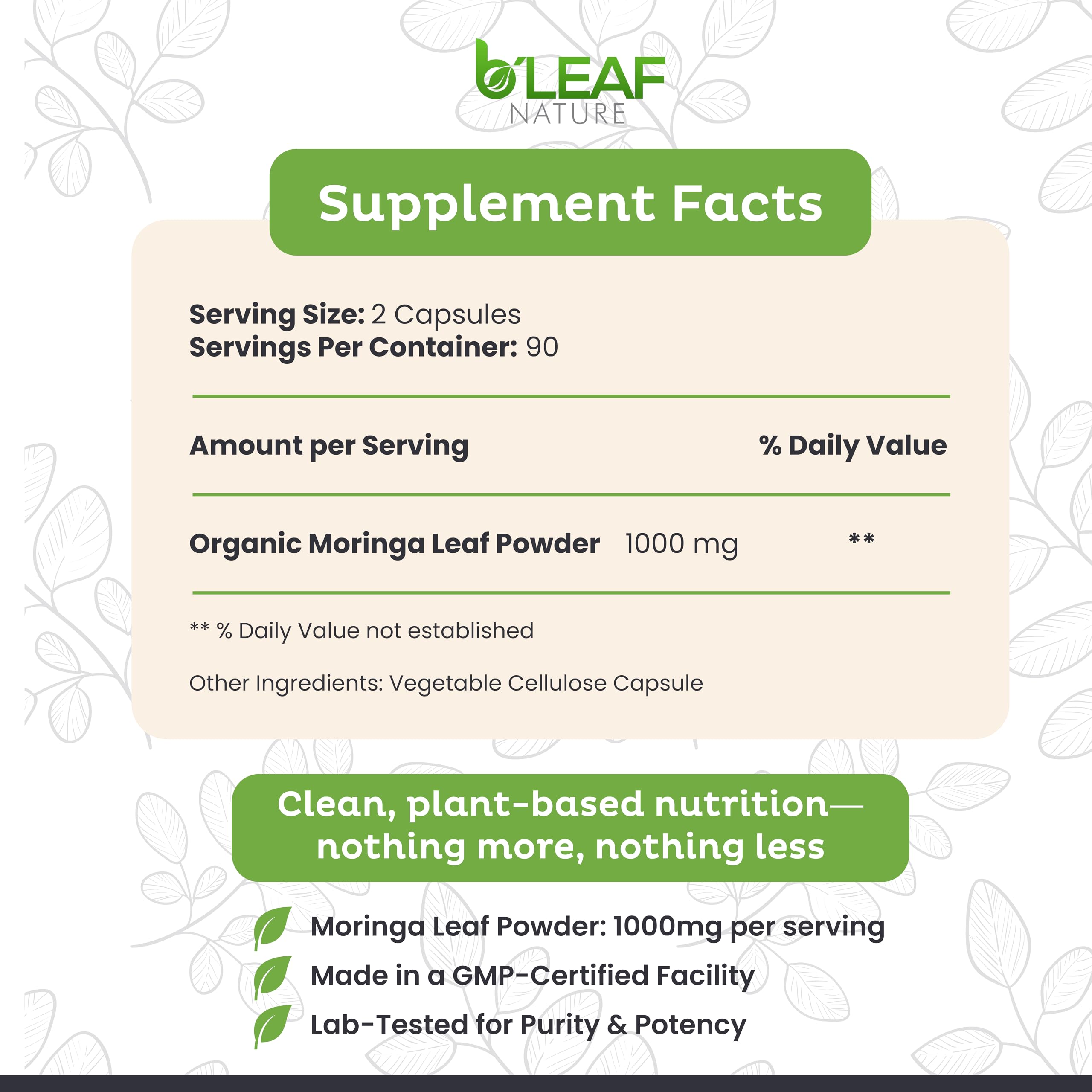 Organic Moringa Oleifera leaves 500mg per capsule