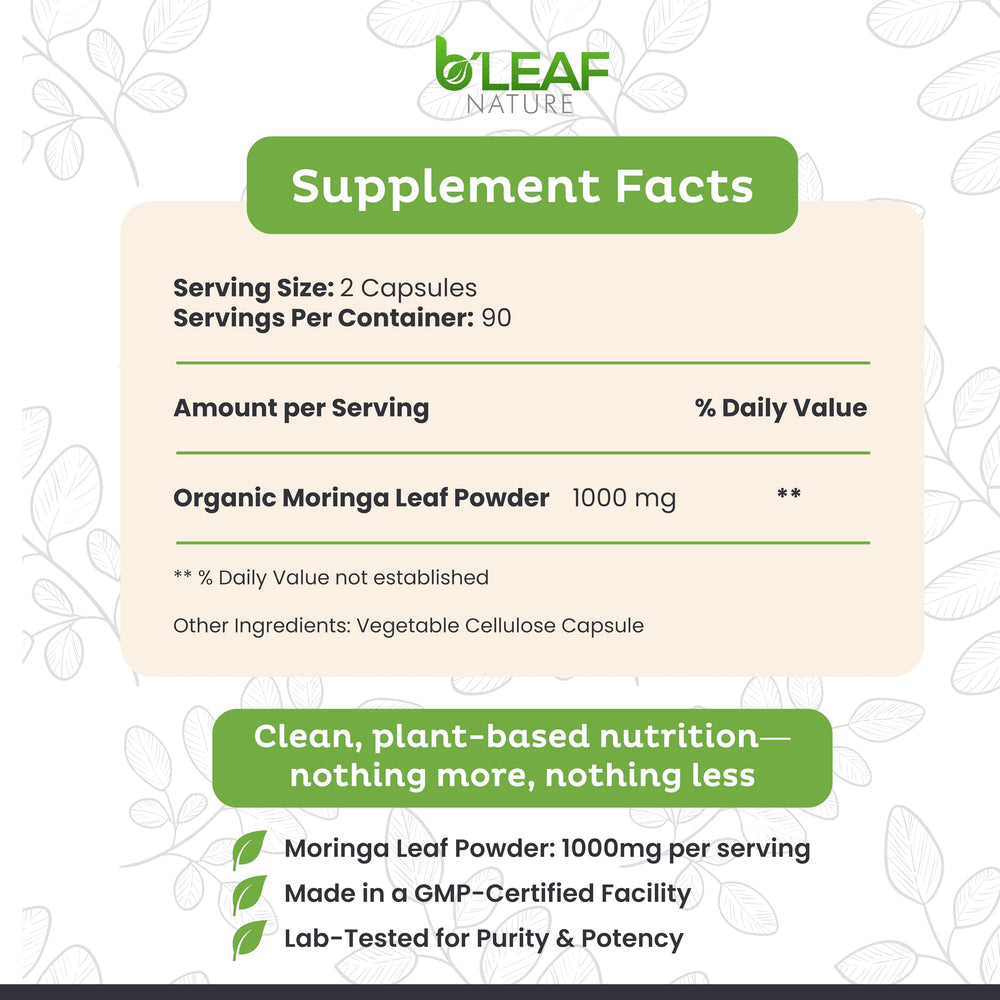 Organic Moringa Oleifera leaves 500mg per capsule