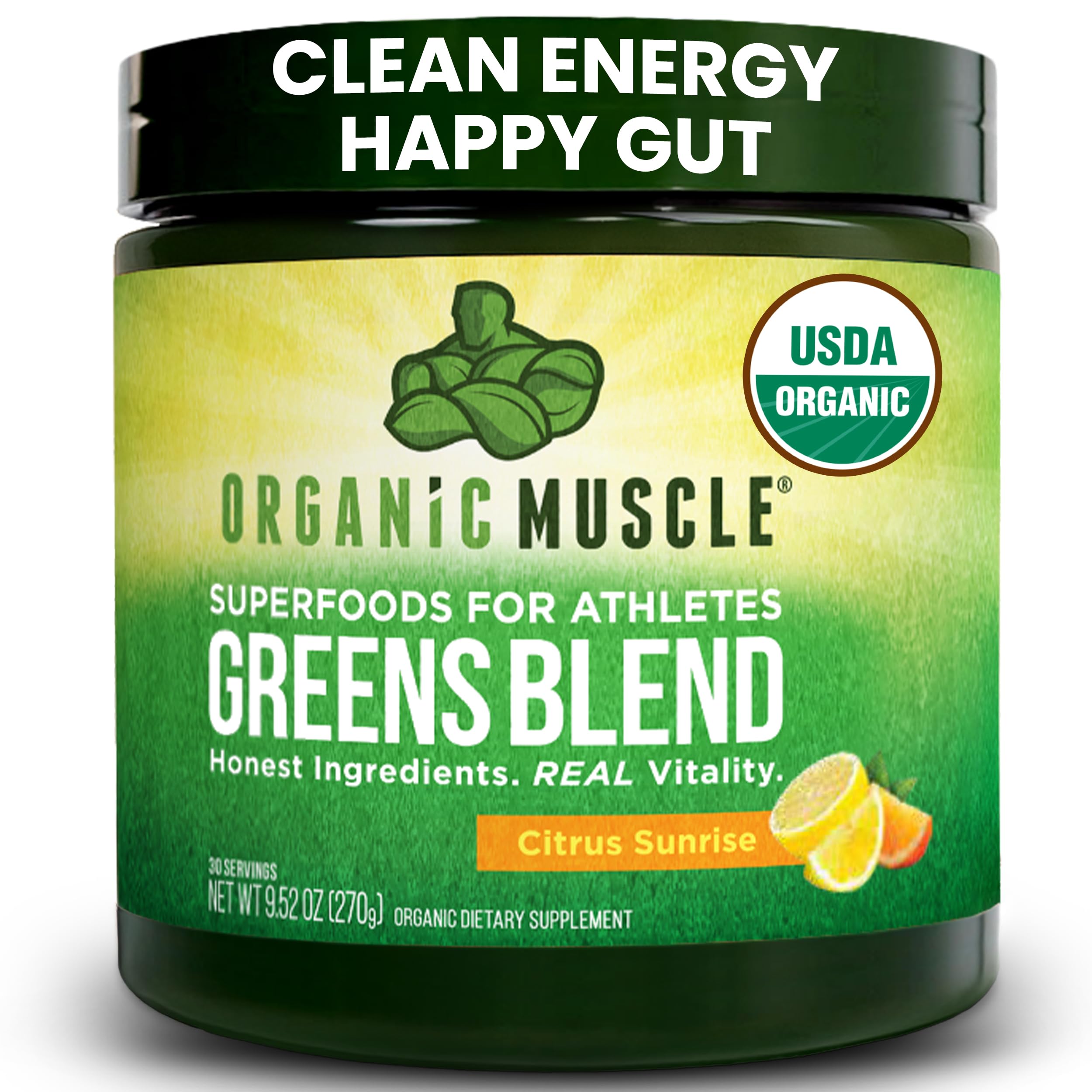 Ingredients panel showing spirulina, chlorella, and matcha in Organic Muscle Greens