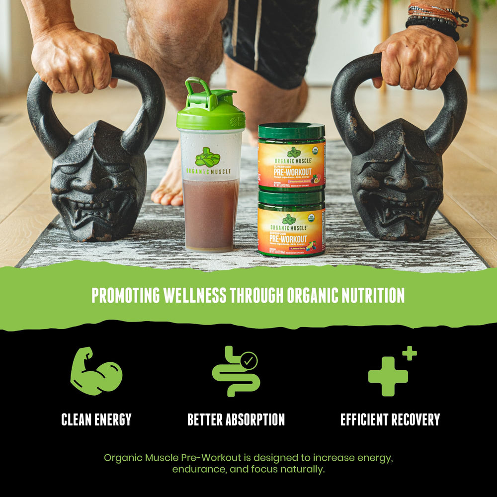 Organic Muscle lemon-berry powder being poured signals jitter-free performance during training.