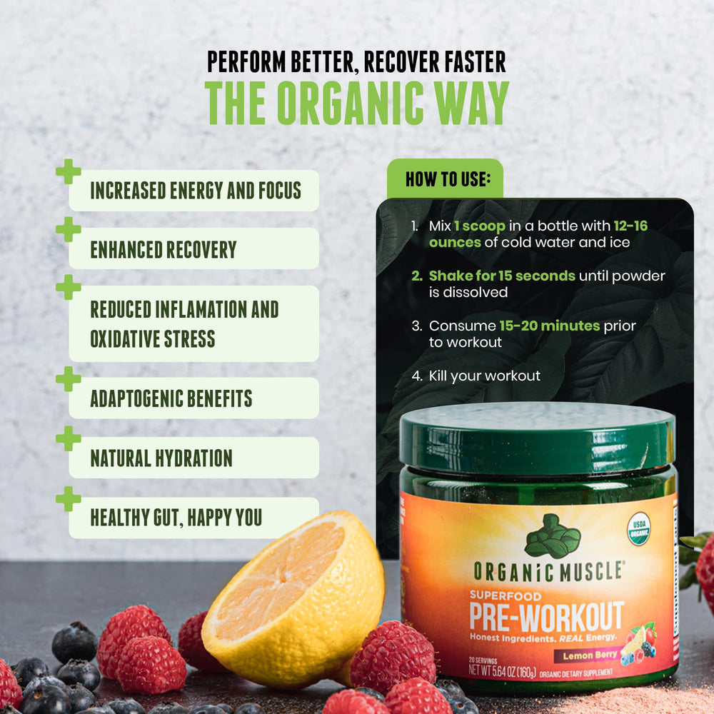 Organic Muscle pre-workout lemon-berry scoop demonstrates precise serving for smooth focus.