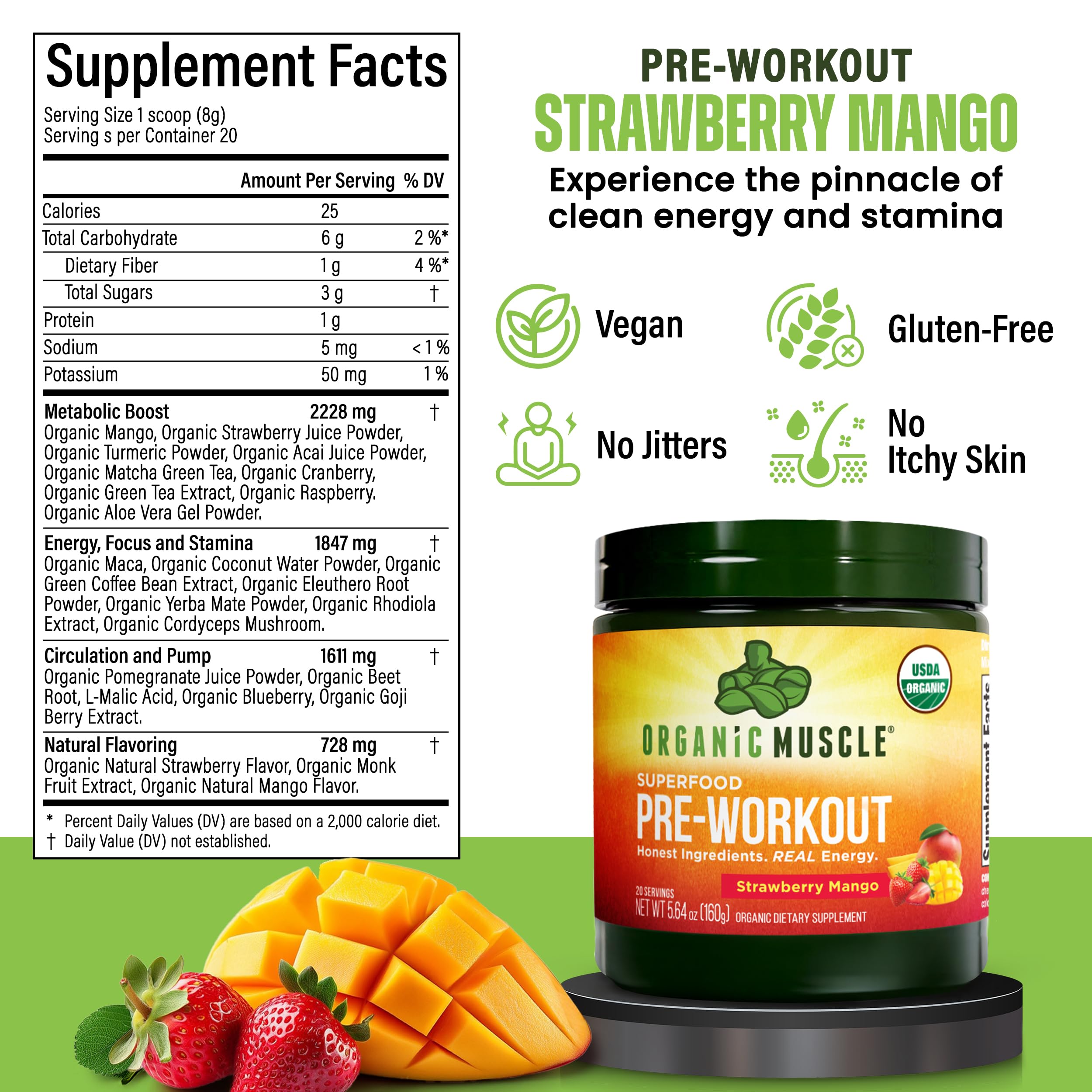 Organic Muscle ingredients label highlights 20 superfoods for natural performance support.
