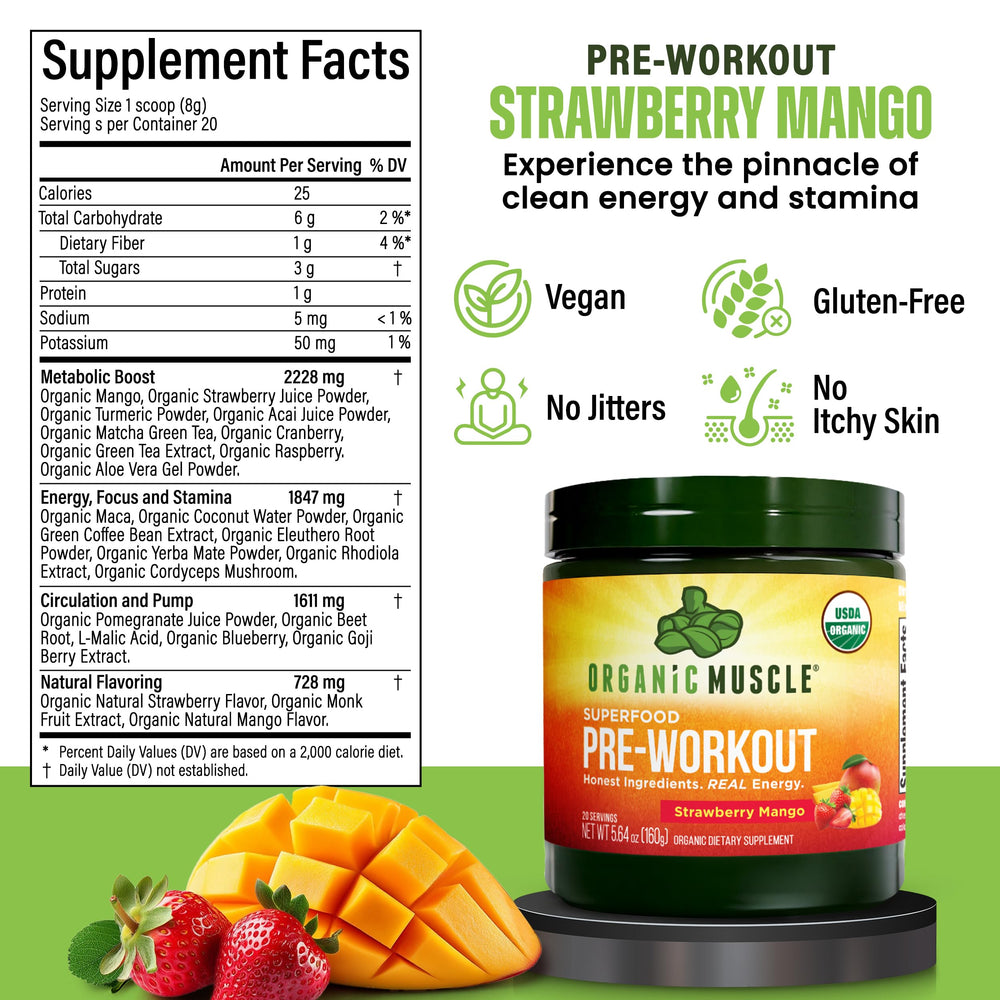 Organic Muscle ingredients label highlights 20 superfoods for natural performance support.