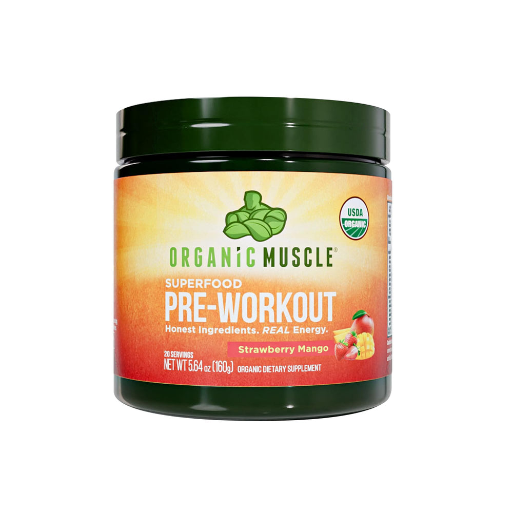 Organic Muscle pre-workout Strawberry Mango powder scoop shows clean energy for focused training.