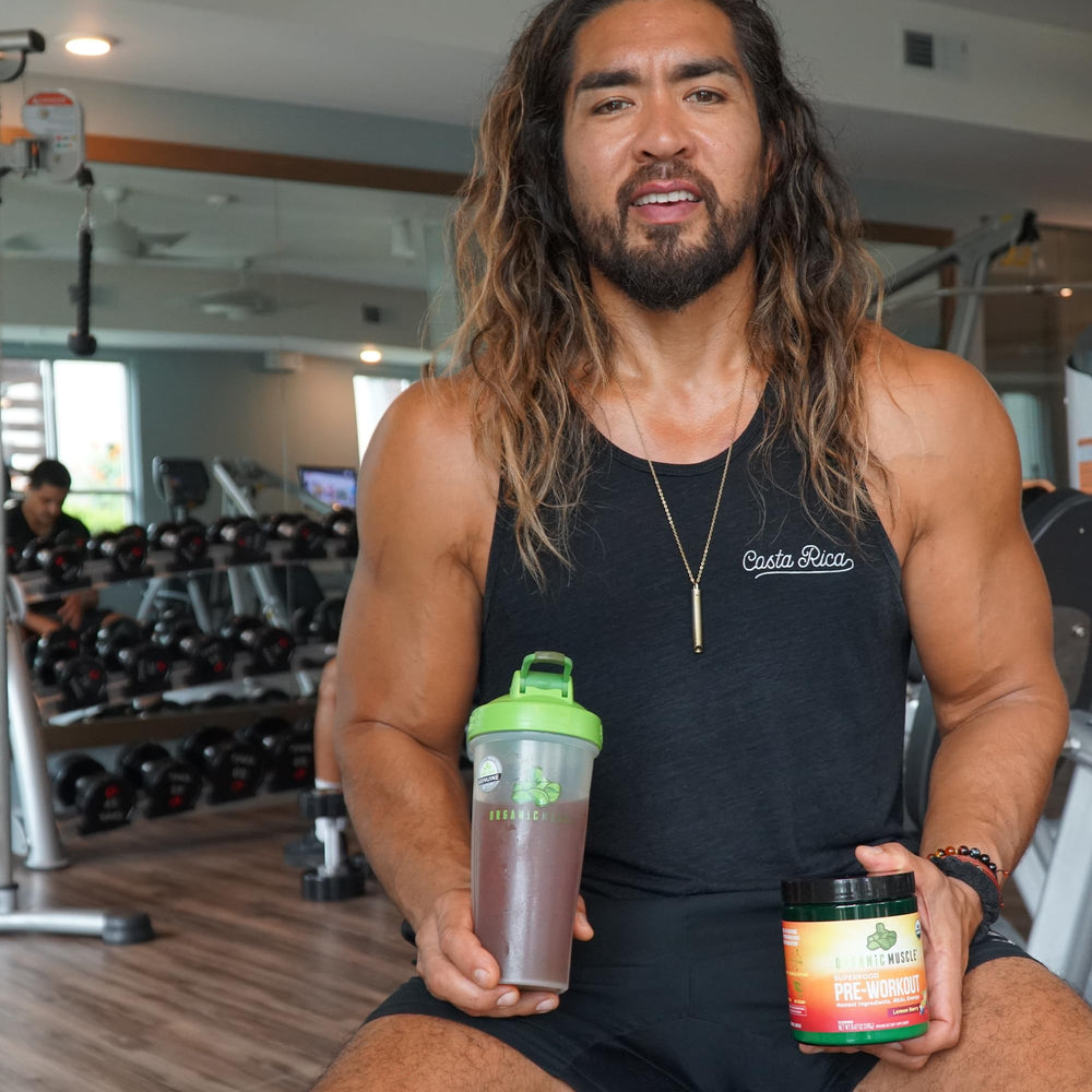 Organic Muscle vegan gluten-free icons validate allergy-friendly pre-workout choice.