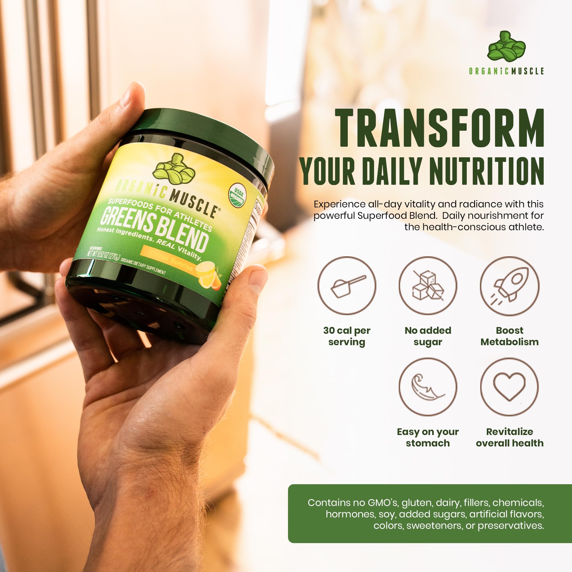 Front packaging of Organic Muscle Super Greens Powder