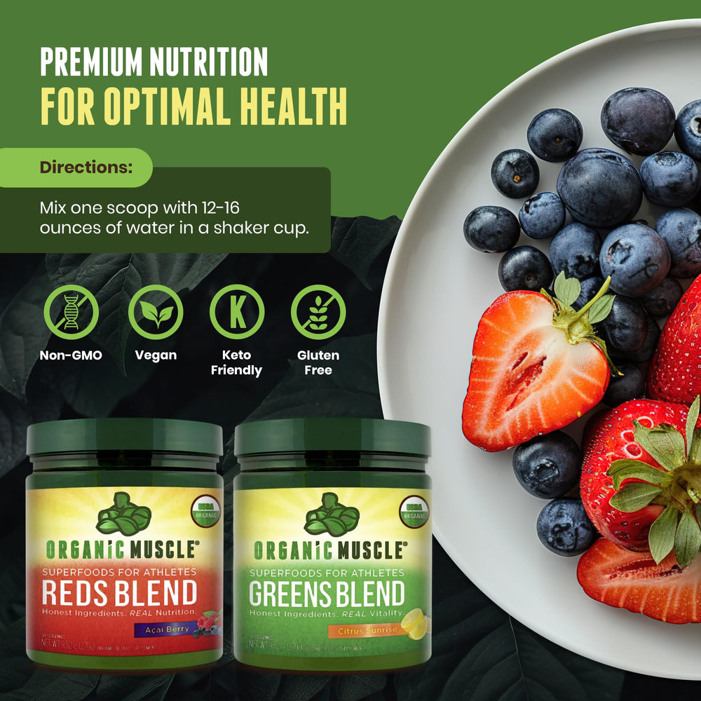 Organic Muscle Super Greens Powder spirulina-chlorella blend emphasizes nutrient-dense greens.