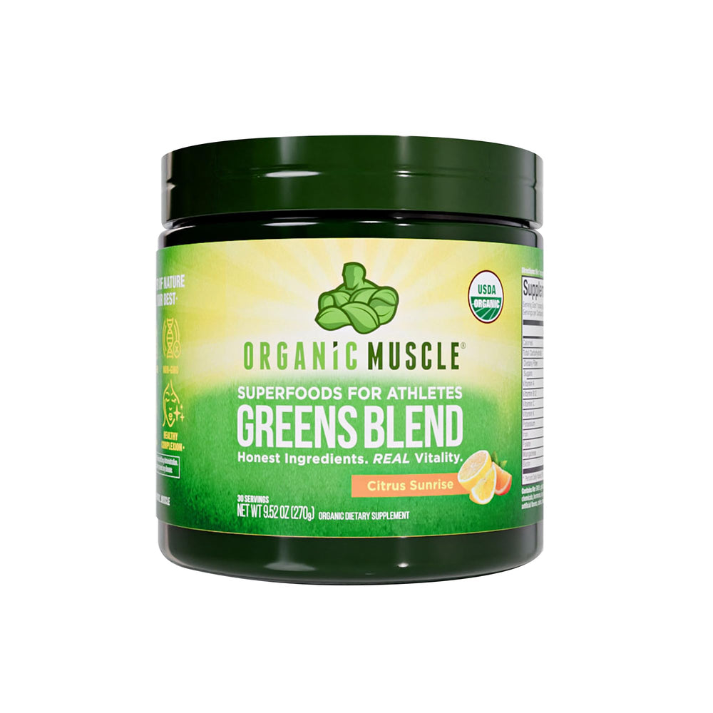 Organic Muscle Super Greens Powder tub front highlights daily energy and wellness.