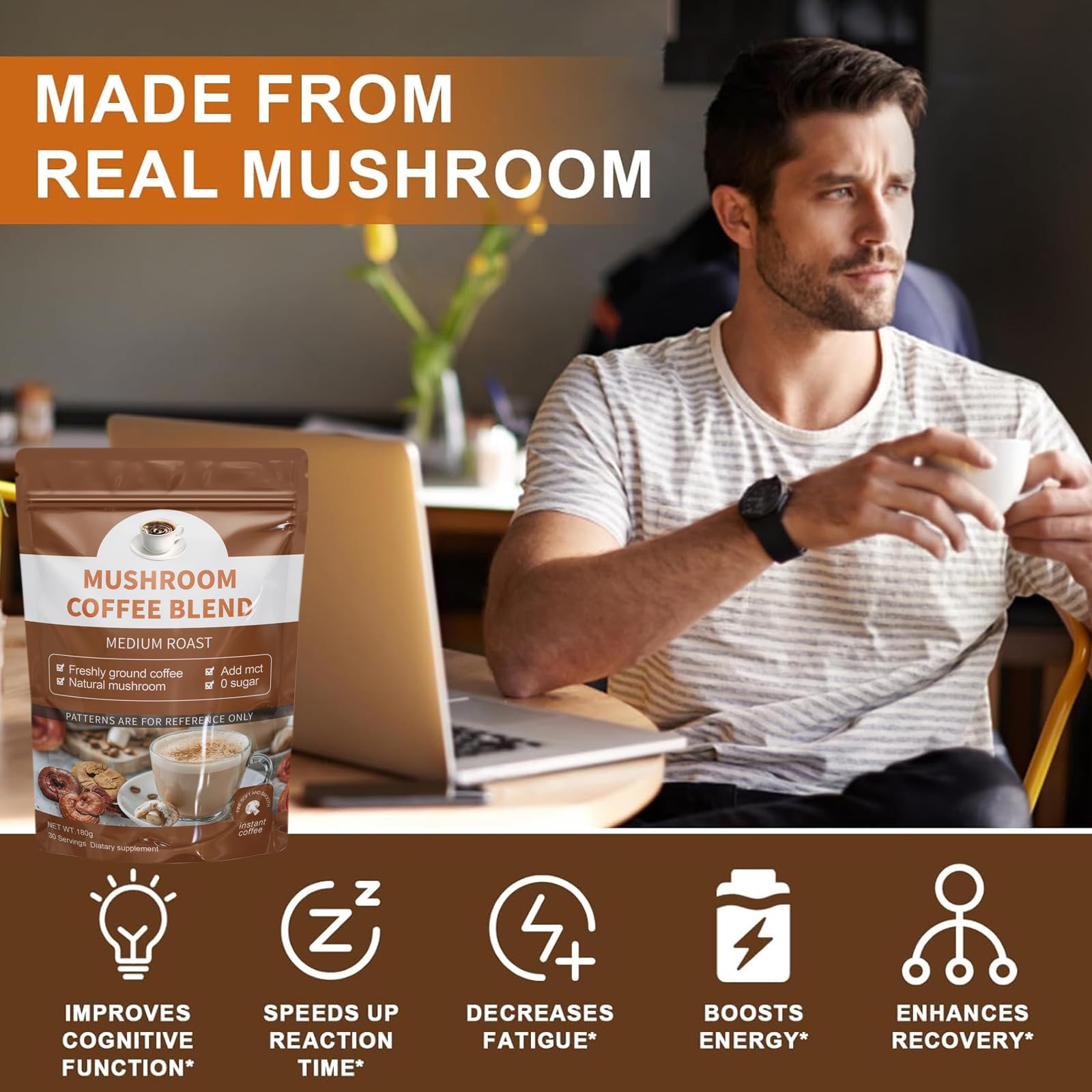 Pouring a mug of mushroom coffee blended with arabica coffee