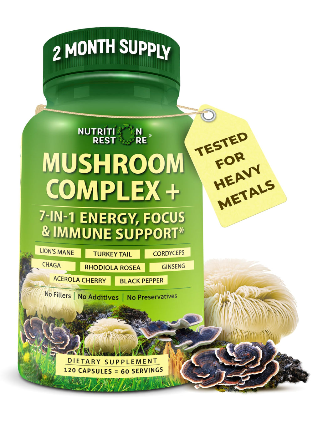 Organic Mushroom Complex capsules containing Lions Mane, Turkey Tail, Cordyceps and Chaga