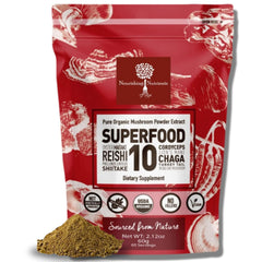 Front view of organic mushroom powder 10-mushroom blend 60g package