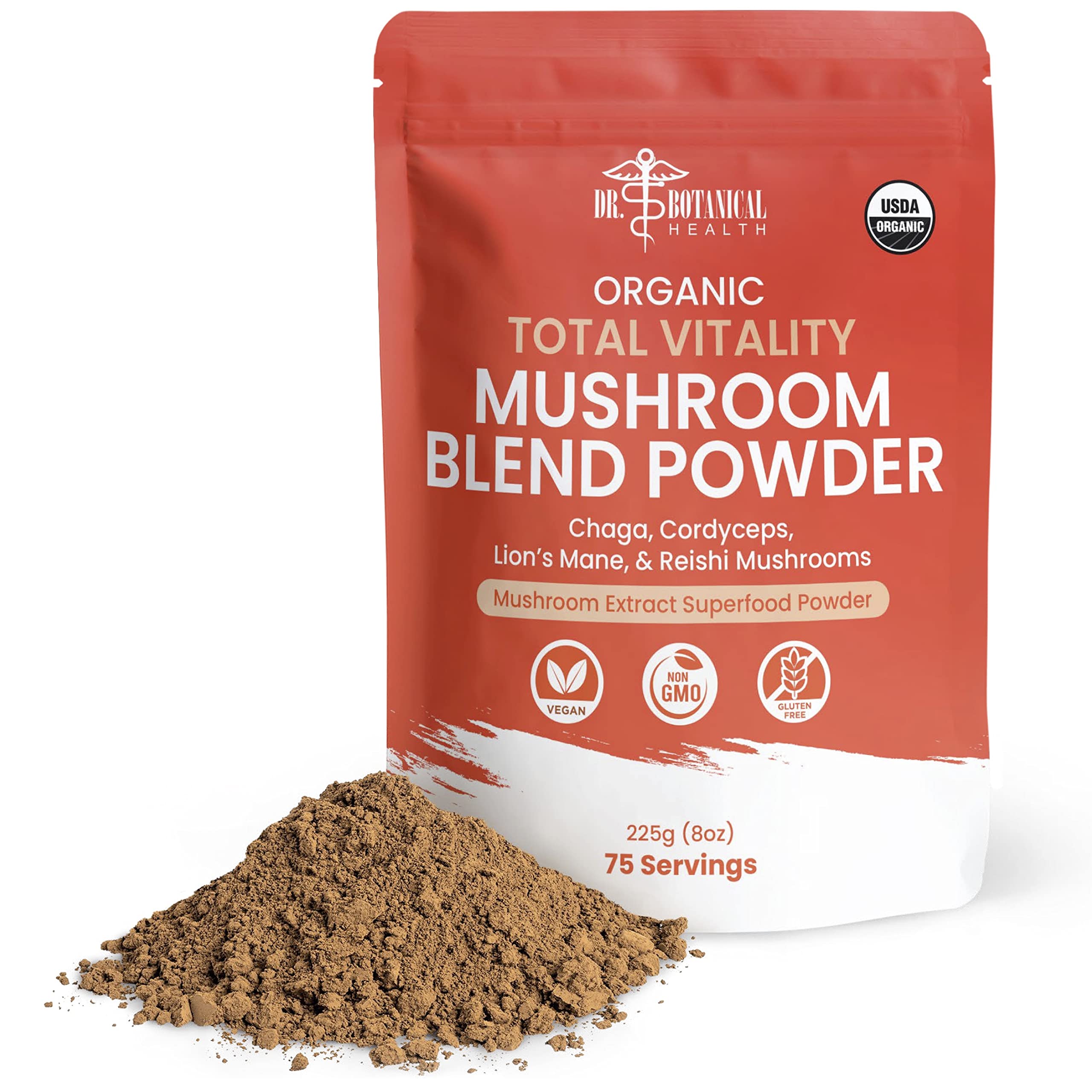 Front label of Organic Mushroom Powder Blend 4-in-1