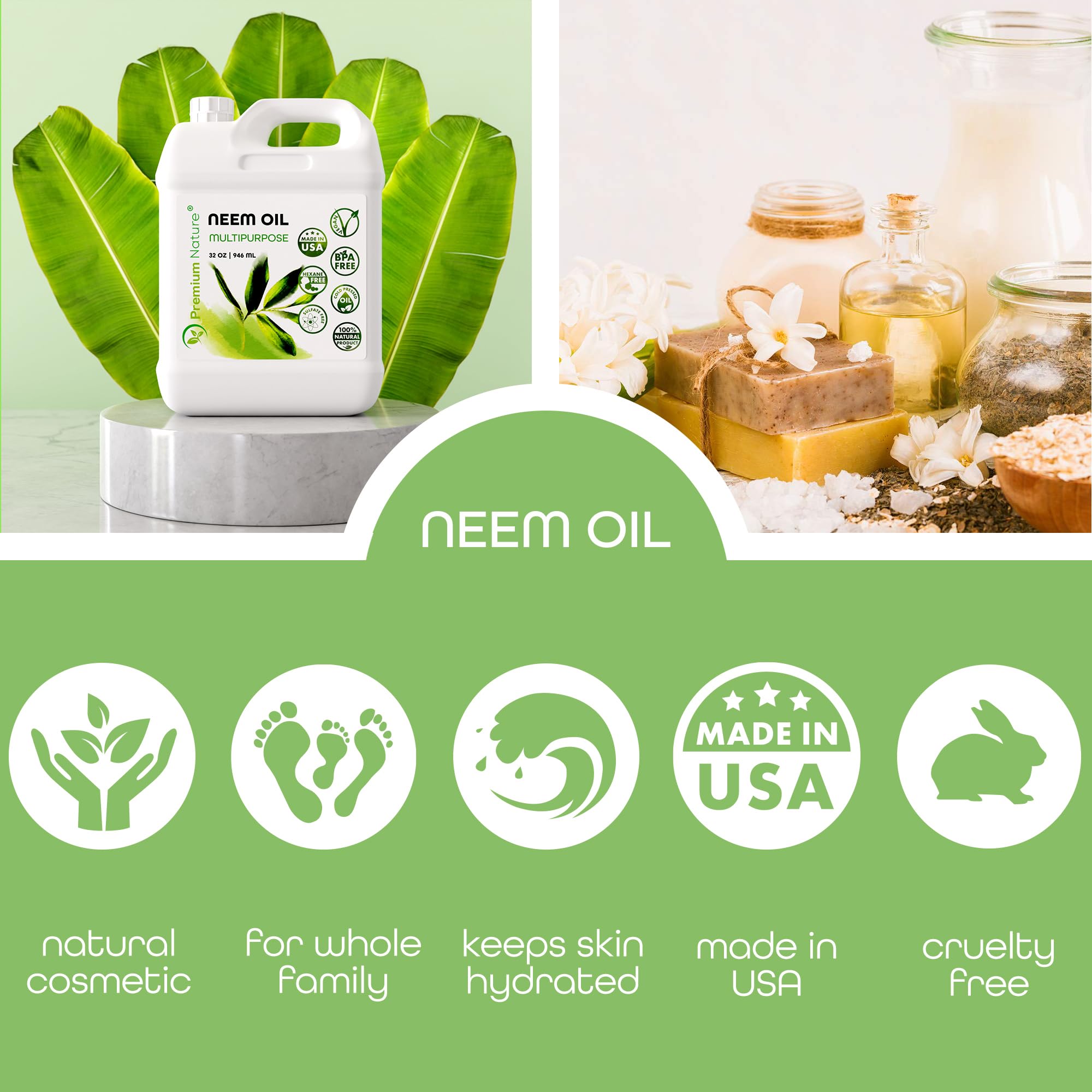 Herbal beauty and plant care setup featuring neem oil for skin, hair and plants