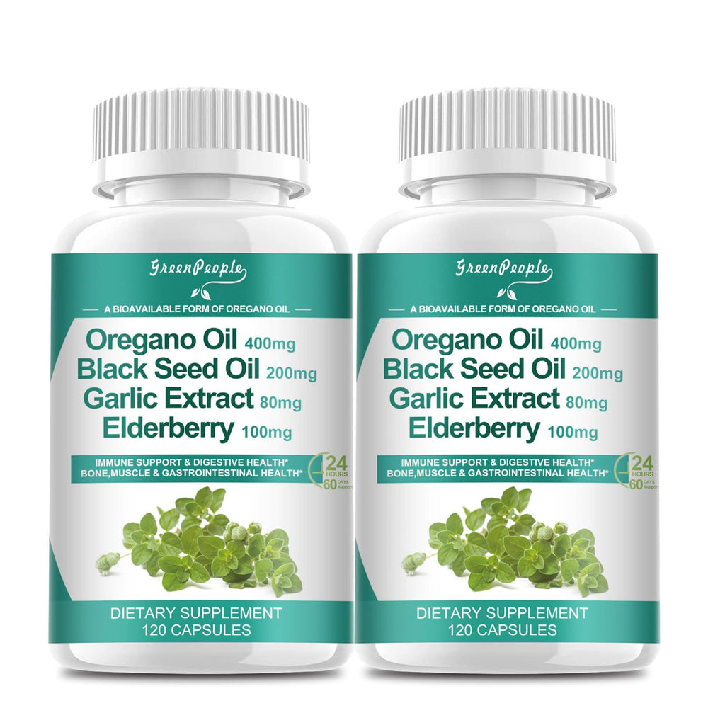 Bottle of Organic Oregano Oil Capsules featuring 11-in-1 blend for immune support